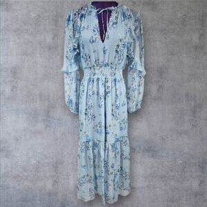 InterMix Ariana Floral Silk Midi Dress Periwinkle Tiered Blouson Size 6 H12